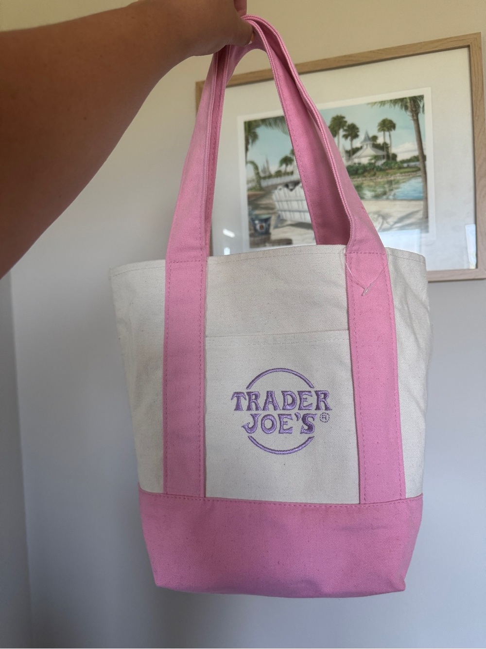 Trader Joe’s Mini Tote: Pastel Pink & lavender lettering
